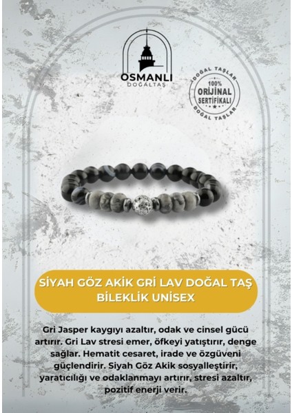 Gri Göz Akik ve Lav Taşlı Unisex Doğal Bileklik, Şık ve Zarif Tasarım