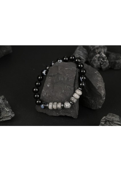 Gri Göz Akik ve Lav Taşlı Unisex Doğal Bileklik, Şık ve Zarif Tasarım indirimleri