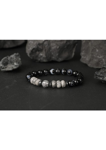 Gri Göz Akik ve Lav Taşlı Unisex Doğal Bileklik, Şık ve Zarif Tasarım