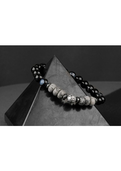 Gri Göz Akik ve Lav Taşlı Unisex Doğal Bileklik, Şık ve Zarif Tasarım