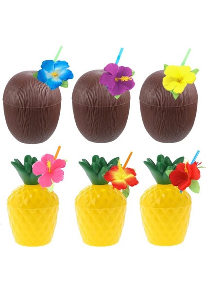 Ananas & Hindistan Cevizi Tasarımlı Pipetli Bardak Seti (6 Adet)