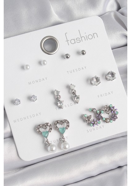 Pirinç Gümüş Renk Zirkon Taşlı Sallantılı Kalp Model Çiçek Detay 7 Çift Kadın Küpe Seti - TJ-BKP10546