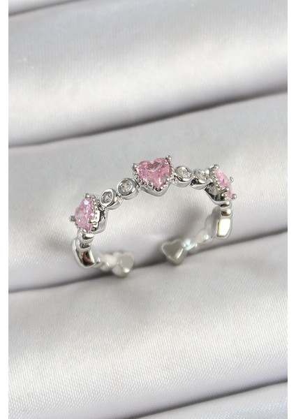 Bfs Pirinç Sıralı Kalp Figürlü Zirkon Taşlı Gümüş Renk Ayarlanabilir Kadın Yüzük