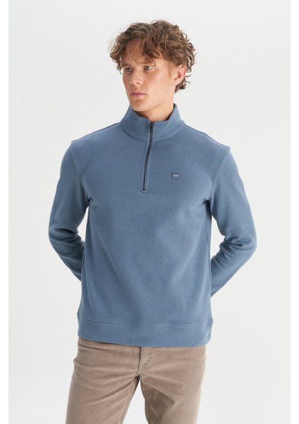 Pamuklu Regular Fit Dik Yaka Fermuarlı Selanik Örgü Sweatshirt