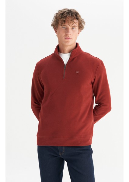 Pamuklu Regular Fit Dik Yaka Fermuarlı Selanik Örgü Sweatshirt