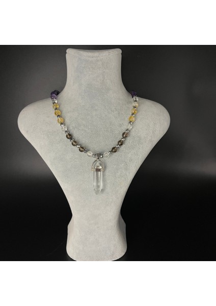 Renkli Kristal Doğal Taş Çivi Kolye 55CM, Sertifikalı Kuvars, Sitrin, Ametist modelleri