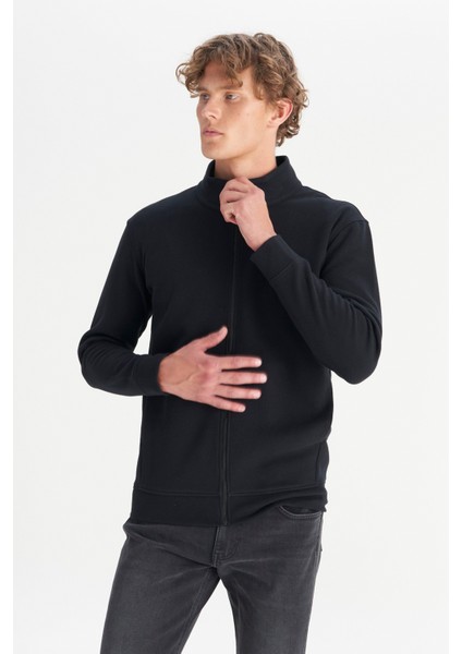 Pamuklu Relaxed Fit Dik Yaka Fermuarlı Selanik Örgü Sweatshirt