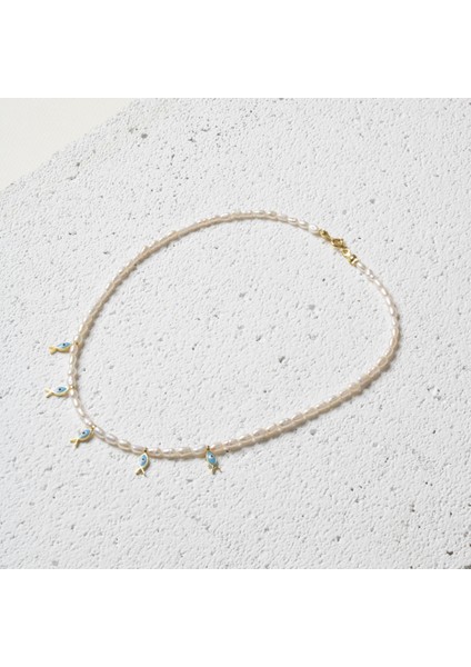 Beyaz Doğal Inci Kolye, Gümüş Balık Charm, Sertifikalı, Şık ve Zarif Tasarım