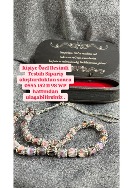 Kişiye Özel Resimli Epoksi Tesbih, Ahşap Kutu ve Gümüş Isimle Özel Tasarım