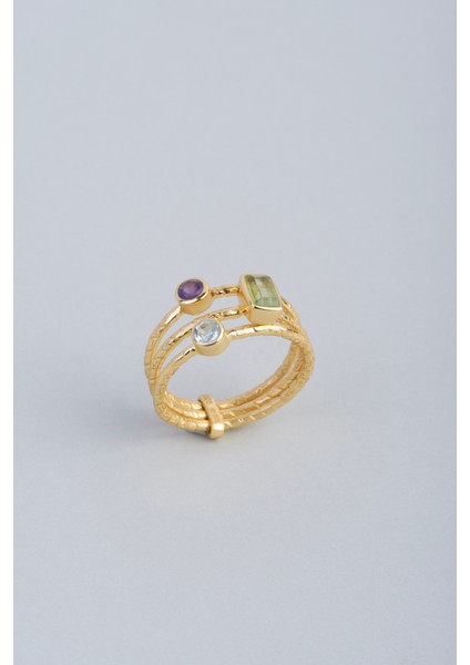 Renkli Taşlı 18 Ayar Sarı Altın Kaplama Gümüş Peridot Yüzük