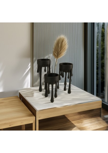 Eriyen Form 3D Baskı Siyah Mumluk Seti – Modern Tasarım ve Sanatsal Dekor Ürünü (3’lü Set)