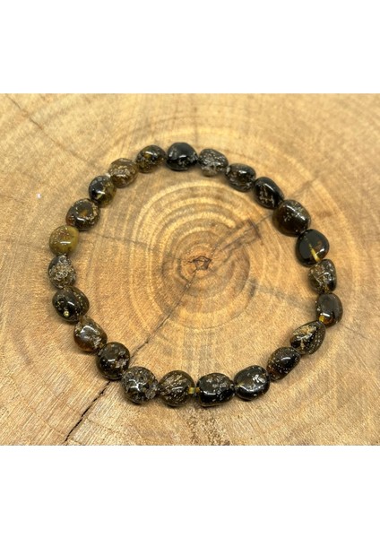 Koyu Yeşil Fosilli Kehribar Lastikli Bileklik, Şık ve Rahat Takı Seçeneği