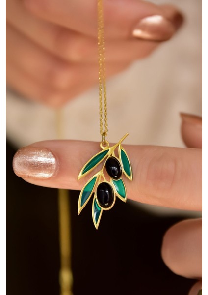 925 Ayar Gümüş Gold Kaplama Siyah Taşlı Zeytin Dalı Kolye fiyatları