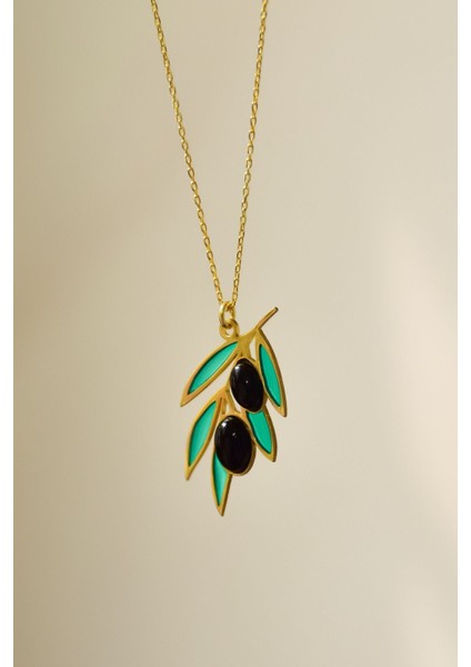 925 Ayar Gümüş Gold Kaplama Siyah Taşlı Zeytin Dalı Kolye indirimleri