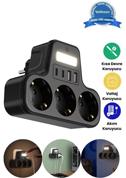 Akım Korumalı Priz Gece Lambalı 3’lü Priz 2xusb 2xtype-C Çıkışlı Grup Priz Çoğaltıcı
