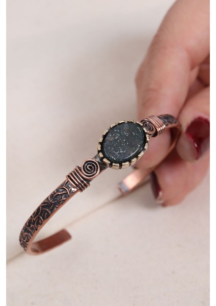 El Yapımı Obsidyen Taşlı Saf Bakır Şık Bilezik