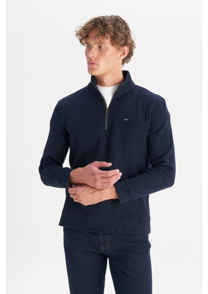 Pamuklu Regular Fit Dik Yaka Fermuarlı Selanik Örgü Sweatshirt