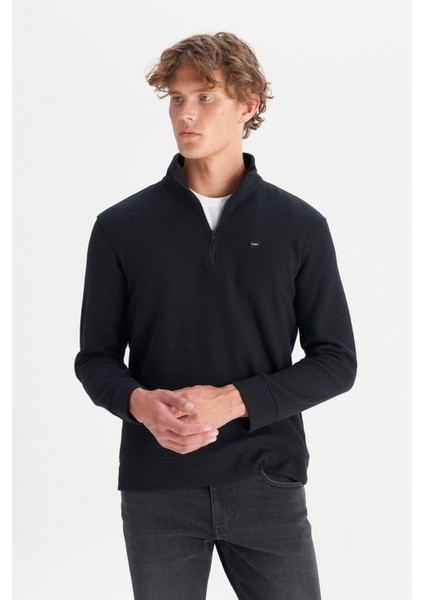 Pamuklu Regular Fit Dik Yaka Fermuarlı Selanik Örgü Sweatshirt