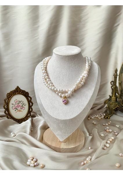 Doğal Inci ve Zirkon Taşlı Kadın Ikili Sarmaşık Kolye, Pembe Kalp Charm, 40-7cm
