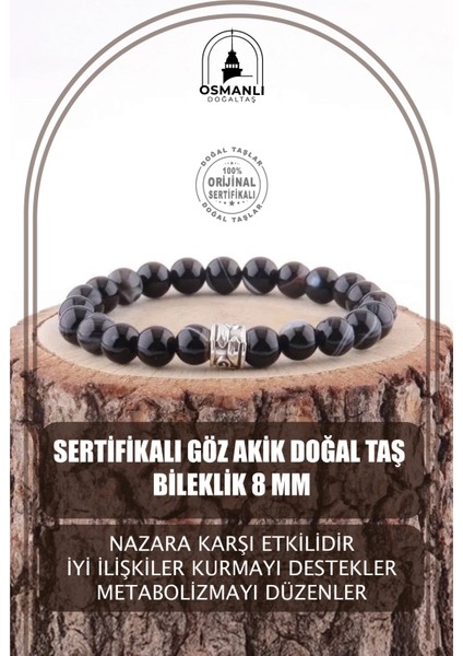 Sertifikalı Göz Akik Doğal Taş Bileklik, 8 Mm, Zarif ve Enerji Dolu Tasarım