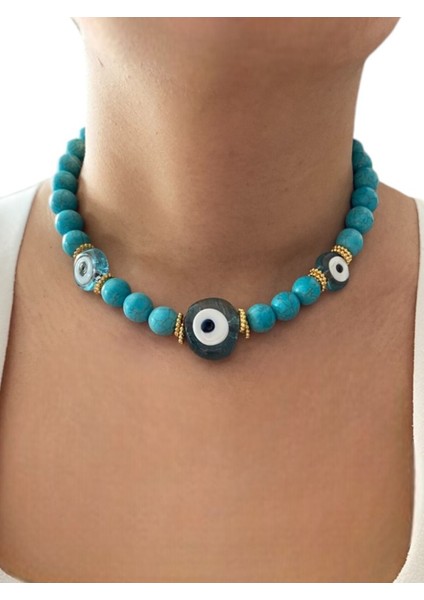 Turkuaz Doğaltaş Kolye, Nazar Boncuklu, Şık Takı, Enerji Dolu Tasarım