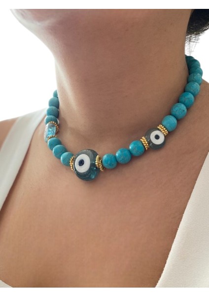 Turkuaz Doğaltaş Kolye, Nazar Boncuklu, Şık Takı, Enerji Dolu Tasarım fiyatları