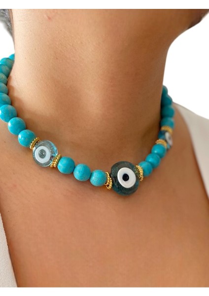 Turkuaz Doğaltaş Kolye, Nazar Boncuklu, Şık Takı, Enerji Dolu Tasarım fırsatları