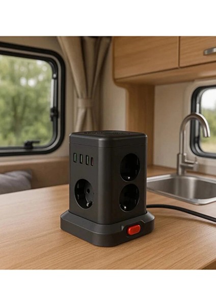 WP-707 3 Usb-A + 1 Type-C Çıkışlı Kule Tipi Akım Korumalı Çoklu Priz – Tek Tuş Kontrol Masaüstü modelleri