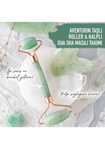 Yeşil Taşlı Masaj Seti, Doğal Taş Roller ve Kalpli Gua Sha, Şifa ve Güzellik.