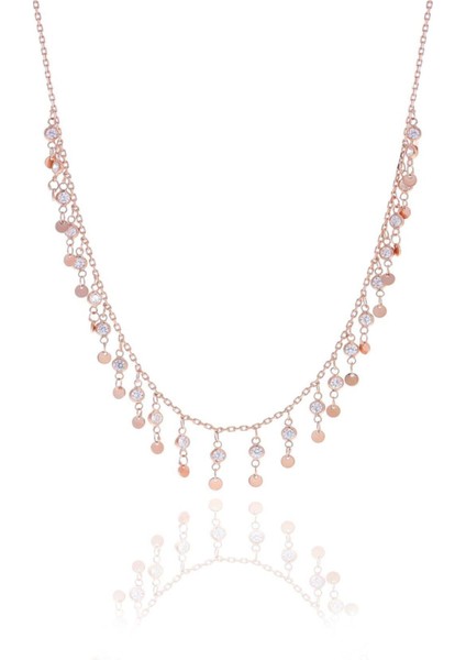 Pembe Gümüş Rose Zirkon Taşlı Pullu Şık Kolye, Zarif ve Parlak Tasarım