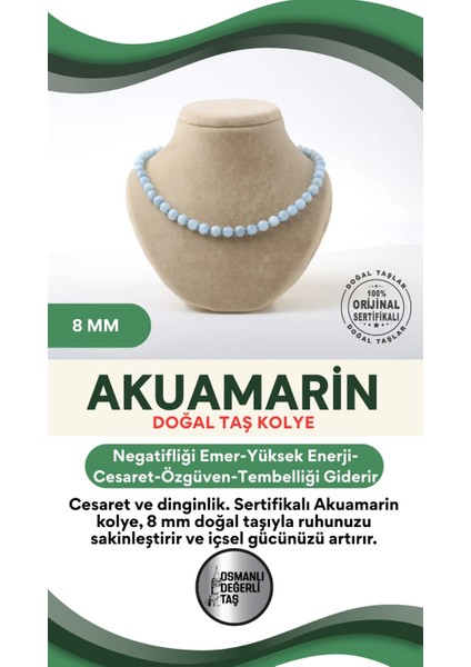 Sertifikalı Akuamarin Doğaltaş Kolye 8 Mm, Şık ve Zarif Takı Parçası