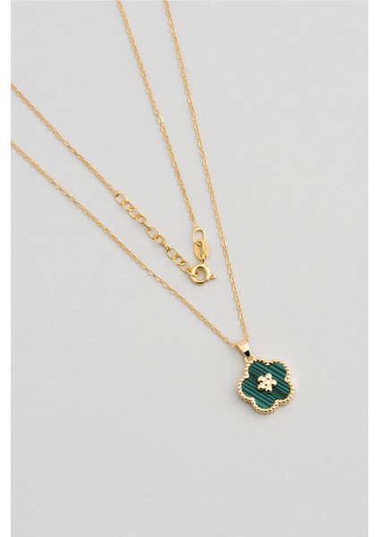 Gümüş Minimal Kolye, Malahit Çiçeği, 18 Ayar Sarı Altın Kaplama, 43 cm
