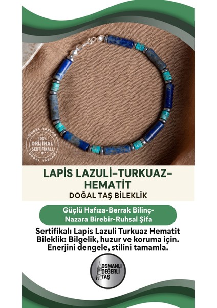 Mavi Doğal Taş Bileklik, Lapis Lazuli, Turkuaz ve Hematitten Oluşan Şık Tasarım