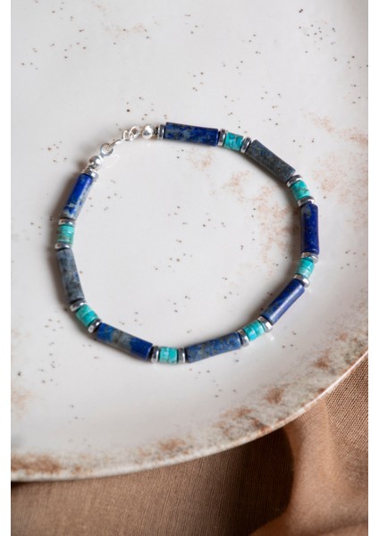 Mavi Doğal Taş Bileklik, Lapis Lazuli, Turkuaz ve Hematitten Oluşan Şık Tasarım indirimleri