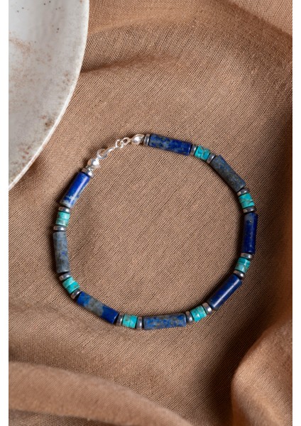 Mavi Doğal Taş Bileklik, Lapis Lazuli, Turkuaz ve Hematitten Oluşan Şık Tasarım