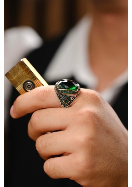 El Işçiliği Yeşil Taşlı 925 Ayar Gümüş Yüzük fiyatları