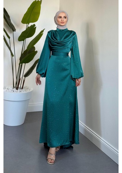 Areka Taşlı Kuyruklu Degaje Yaka Abiye Petrol Yeşili