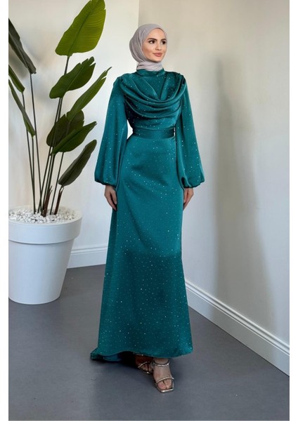 Areka Taşlı Kuyruklu Degaje Yaka Abiye Petrol Yeşili fiyatları