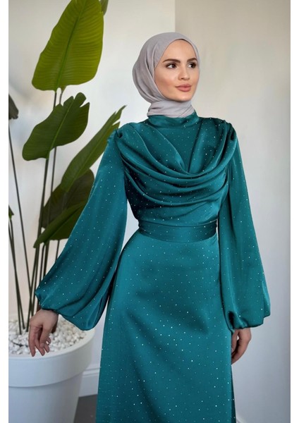 Areka Taşlı Kuyruklu Degaje Yaka Abiye Petrol Yeşili modelleri