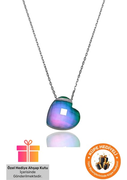 Isıya Göre Renk Değiştiren Mavi Doğal Taşlı Kalp Gümüş Zincirli Kolye