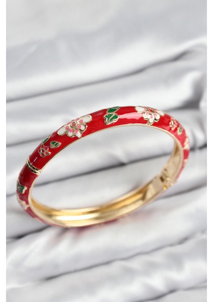 Bfs Mineli Pirinç Kırmızı Çiçek Motifli Gold Kadın Kelepçe