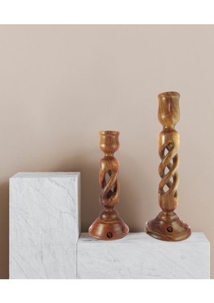 El Oyma Pirinç ve Ahşap Mum Şamdan Seti, 2'li, Kahverengi