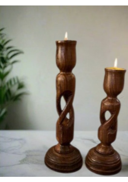 El Oyma Pirinç ve Ahşap Mum Şamdan Seti, 2'li, Kahverengi fiyatları