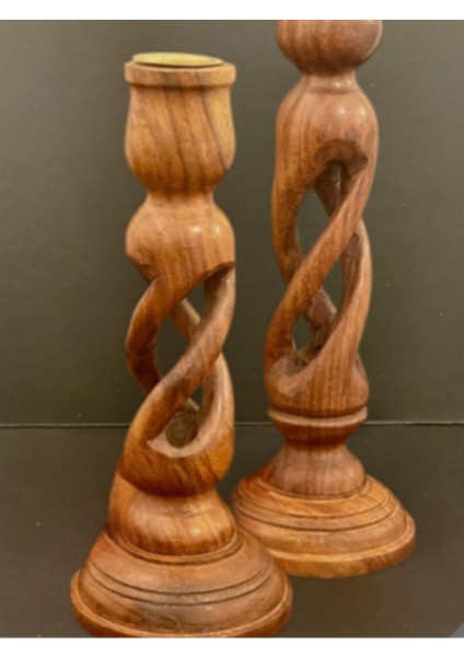 El Oyma Pirinç ve Ahşap Mum Şamdan Seti, 2'li, Kahverengi modelleri