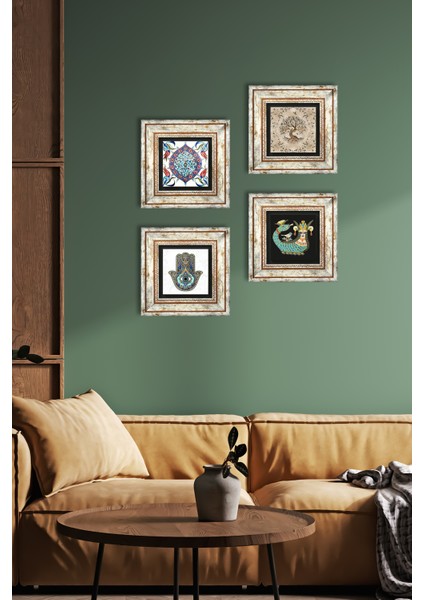 Çini ve Taş Detaylı, Kahverengi Duvar Dekoru, Sanatsal Tablo, Şahmeran ve Hayat Ağacı Motifli