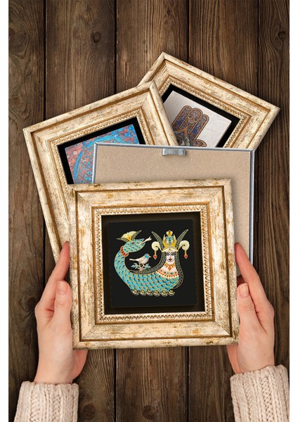 Çini ve Taş Detaylı, Kahverengi Duvar Dekoru, Sanatsal Tablo, Şahmeran ve Hayat Ağacı Motifli fırsatları