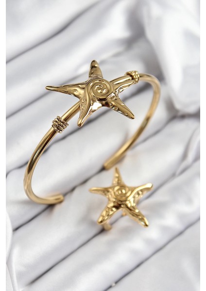Bfs Pirinç Deniz Yıldızı Model Gold Renk Bileklik Yüzük Set