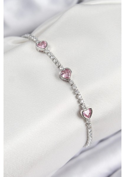 Bfs Pirinç Zirkon Taşlı Pembe Kalp Model Gümüş Renk Kadın Bileklik