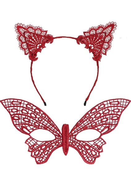 Bfs Gösterişli Kırmızı Dantel Maske ve Taç Seti 7 No – Masquerade ve Davetler Için