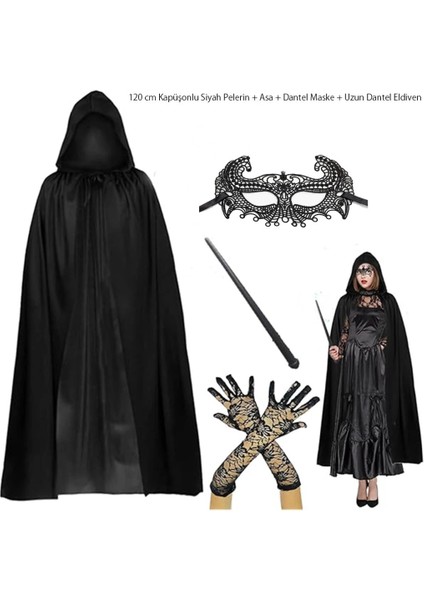 Bfs 120 cm Kapüşonlu Siyah Pelerin + Asa + Dantel Maske + Uzun Dantel Siyah Eldiven Kostüm Seti